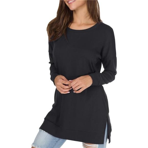 Womens Fall Long Sleeve Pullover Side Oversizes Split Casual Loose Tunic - Picture 2 of 5